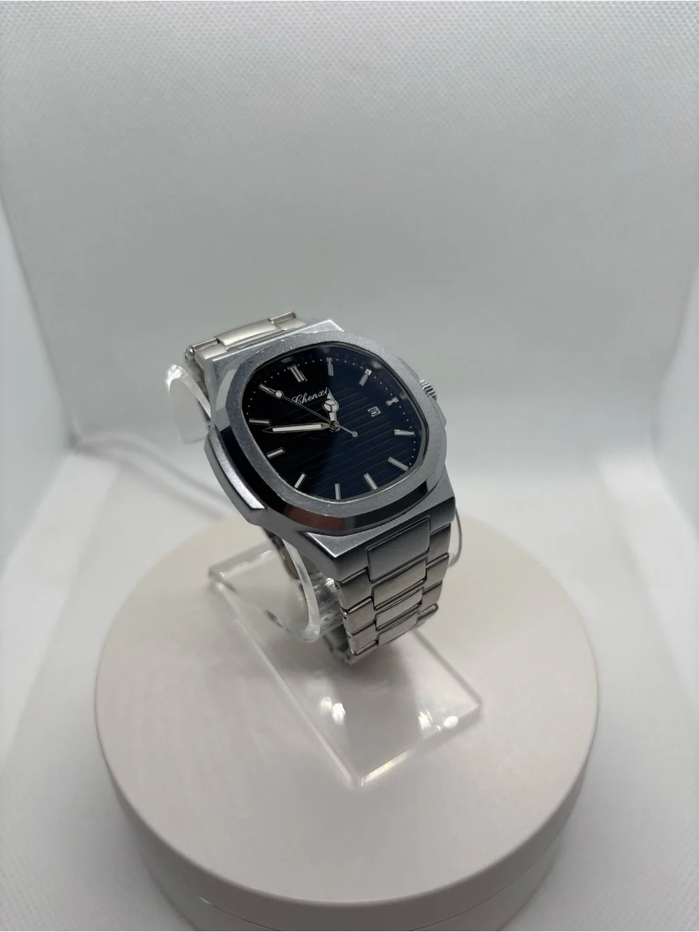 Silver Stainless Steel Men's Watch with Black Dial